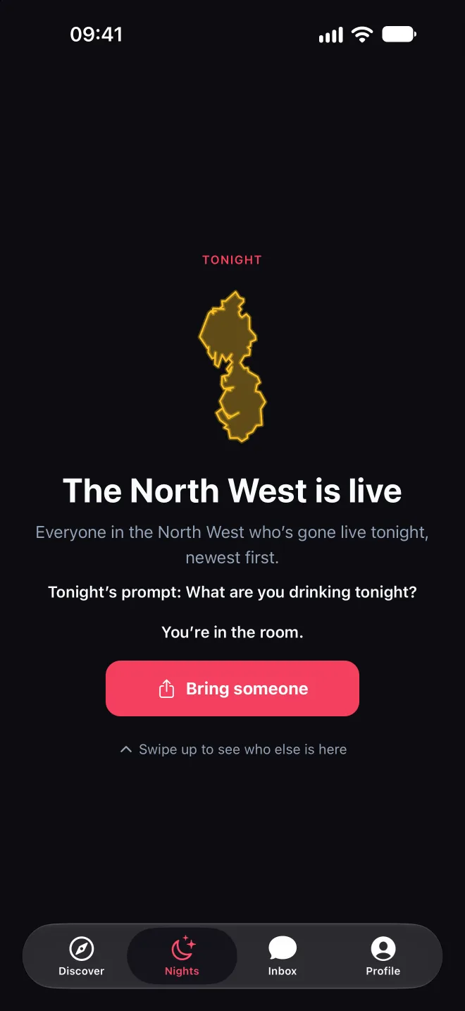 Ether's Nights screen: “The North West is live”, with a Bring someone button